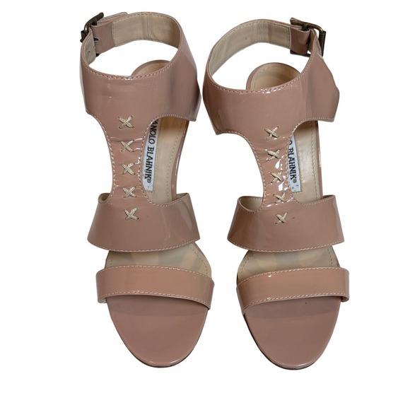 Manolo Blahnik Shoes - Manolo Blahnik Nude Patent Leather Lace Up Caged Sandals Heels Womens 38 Italy